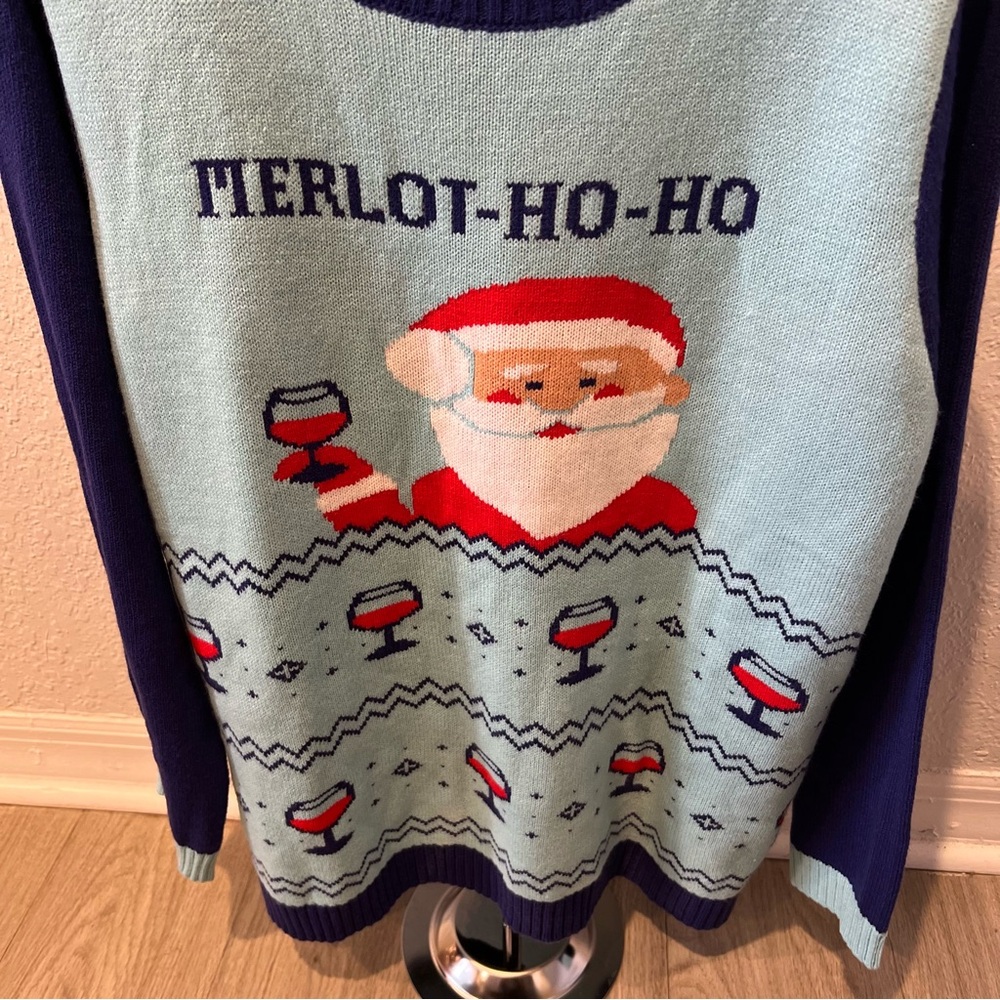 Merlot Ho Ho Santa Christmas Sweater Two Tone Blue - Picture 2 of 4